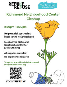 The flyer includes a graphic of a California poppy growing out of a discarded plastic bottle, symbolizing environmental renewal. At the bottom, there is a logo for TogetherSF.